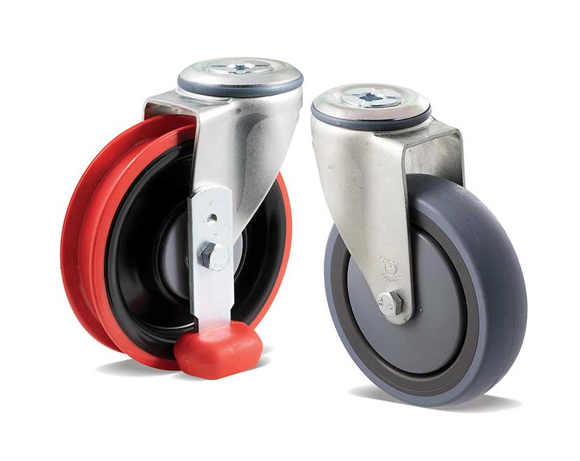 Castors for supermarket trolleys and travelator